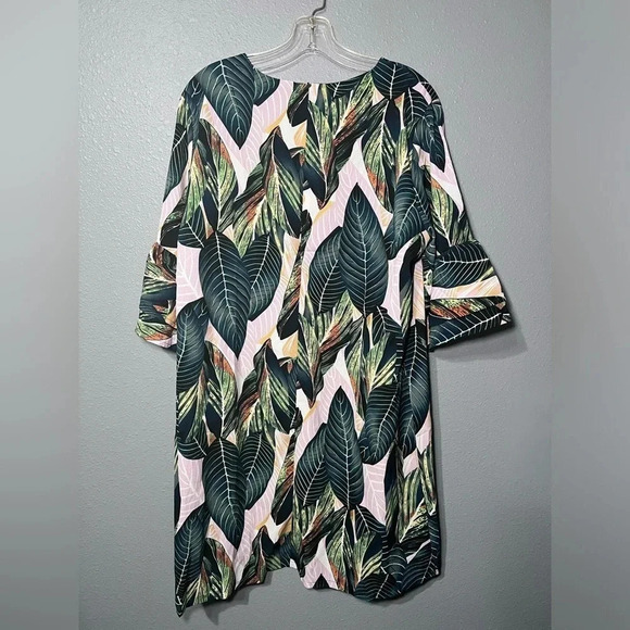 NWT Belongsci Green Tropical Floral Leaf Shift Dress XL Bell Sleeves Lined TWE - Picture 6 of 6
